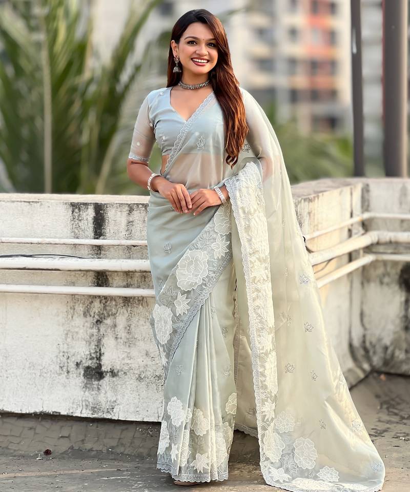 Sky blue color oris silk fabric lotus embroidered beautiful fancy saree