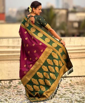 Wine woven zari traditional motifs work silk blend    3