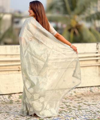 Sky blue oris silk blend lotus embroidered fancy saree 2