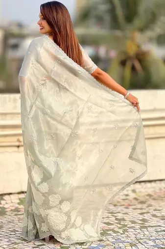 Sky blue oris silk blend lotus embroidered fancy saree
