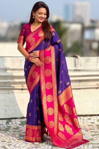 Purple woven zari traditional motifs work silk blend fabric traditional festive style