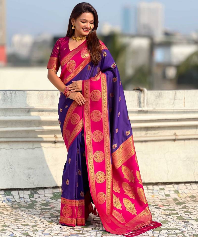 Purple woven zari traditional motifs work silk blend   