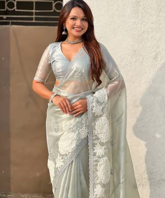 Sky blue oris silk blend lotus embroidered fancy saree 3
