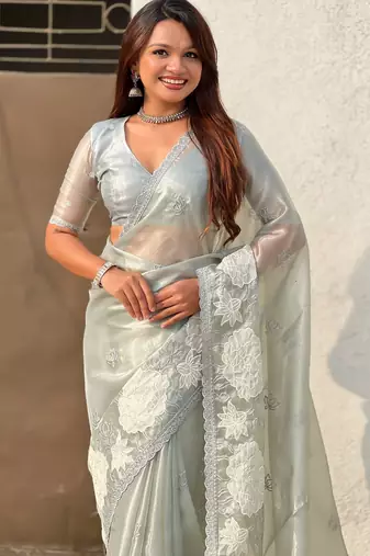 Sky blue oris silk blend lotus embroidered fancy saree