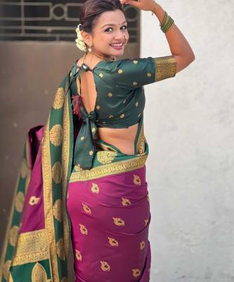 Wine woven zari traditional motifs work silk blend    4