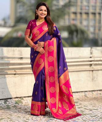 Purple woven zari traditional motifs work silk blend    2