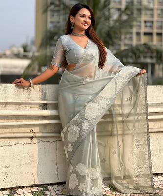 Sky blue oris silk blend lotus embroidered fancy saree 4
