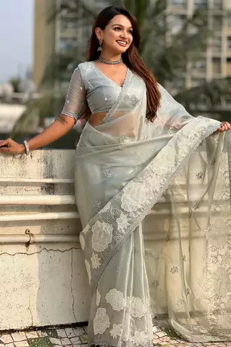 Sky blue oris silk blend lotus embroidered fancy saree