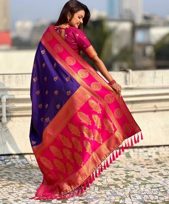 Purple woven zari traditional motifs work silk blend    3