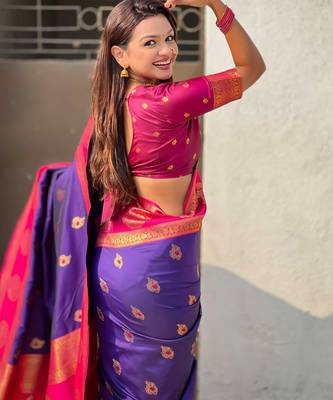 Purple woven zari traditional motifs work silk blend    4