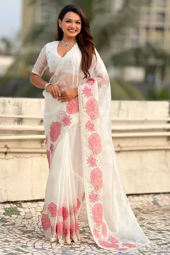 White color oris silk fabric lotus embroidered beautiful fancy saree
