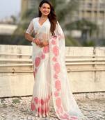 White color oris silk fabric lotus embroidered beautiful fancy saree
