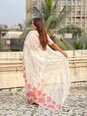 White oris silk blend lotus embroidered fancy saree 2