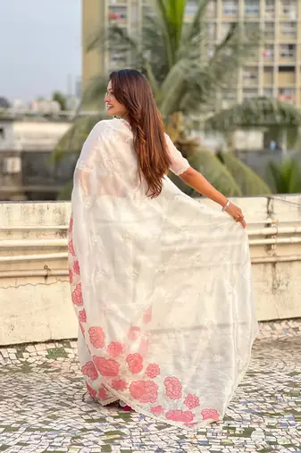 White oris silk blend lotus embroidered fancy saree