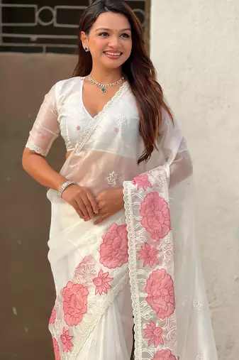 White oris silk blend lotus embroidered fancy saree