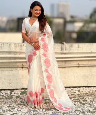White oris silk blend lotus embroidered fancy saree 4
