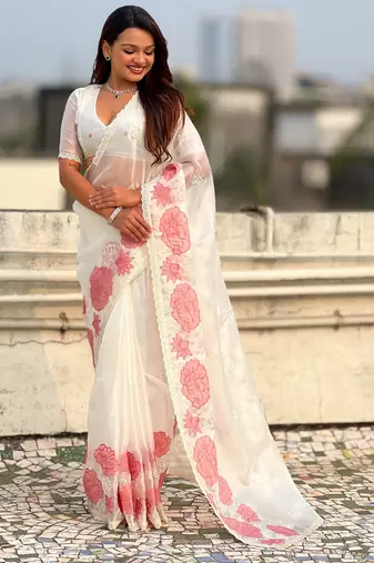 White oris silk blend lotus embroidered fancy saree