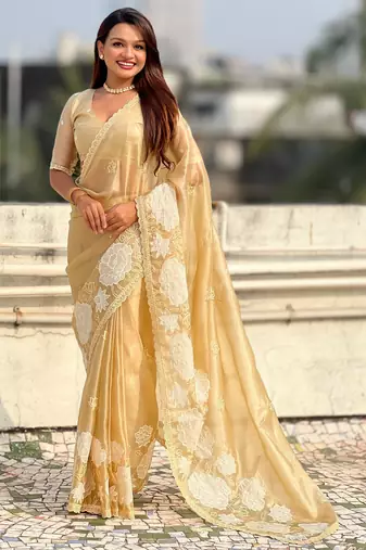 Yellow color oris silk fabric lotus embroidered beautiful fancy saree