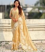 Yellow color oris silk fabric lotus embroidered beautiful fancy saree