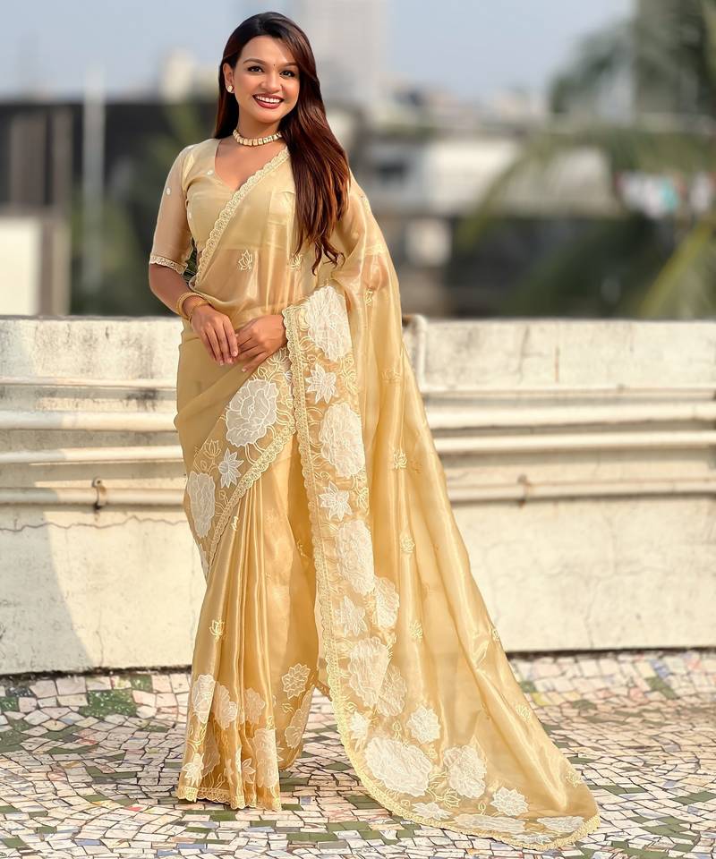 Yellow color oris silk fabric lotus embroidered beautiful fancy saree