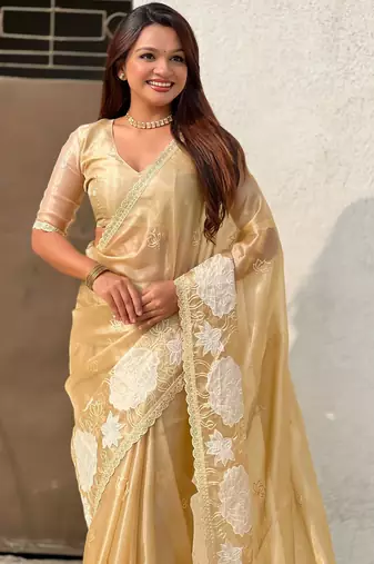 Yellow oris silk blend lotus embroidered fancy saree