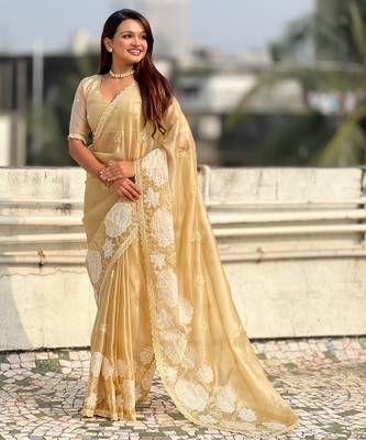 Yellow oris silk blend lotus embroidered fancy saree 4