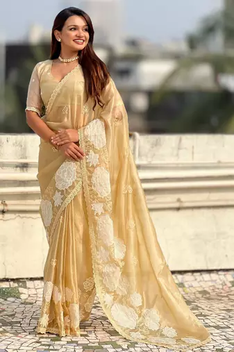 Yellow oris silk blend lotus embroidered fancy saree