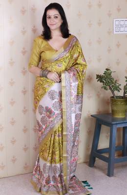 Mustard trendy looks classy tussar silk blend saree 1