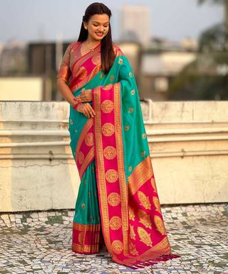Light sea green woven zari traditional motifs work silk blend    3