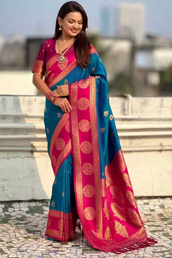 Teal woven zari traditional motifs work silk blend   