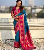 Teal woven zari traditional motifs work silk blend   
