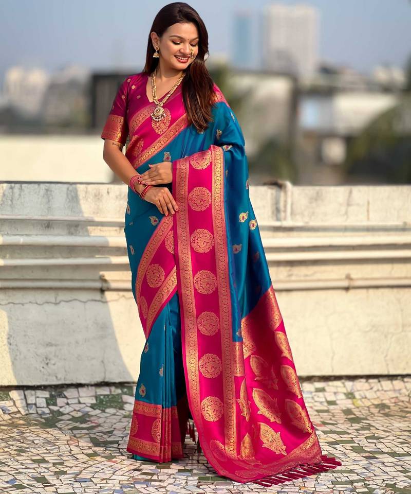 Teal woven zari traditional motifs work silk blend   