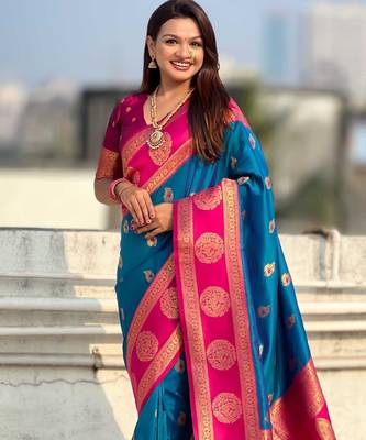Teal woven zari traditional motifs work silk blend    2