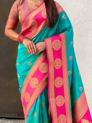 Light sea green woven zari traditional motifs work silk blend    5
