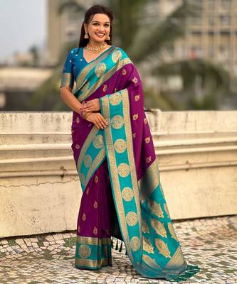 Magenta woven zari traditional motifs work silk blend    1