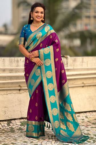 Magenta woven zari traditional motifs work silk blend   