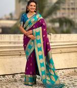 Magenta woven zari traditional motifs work silk blend   