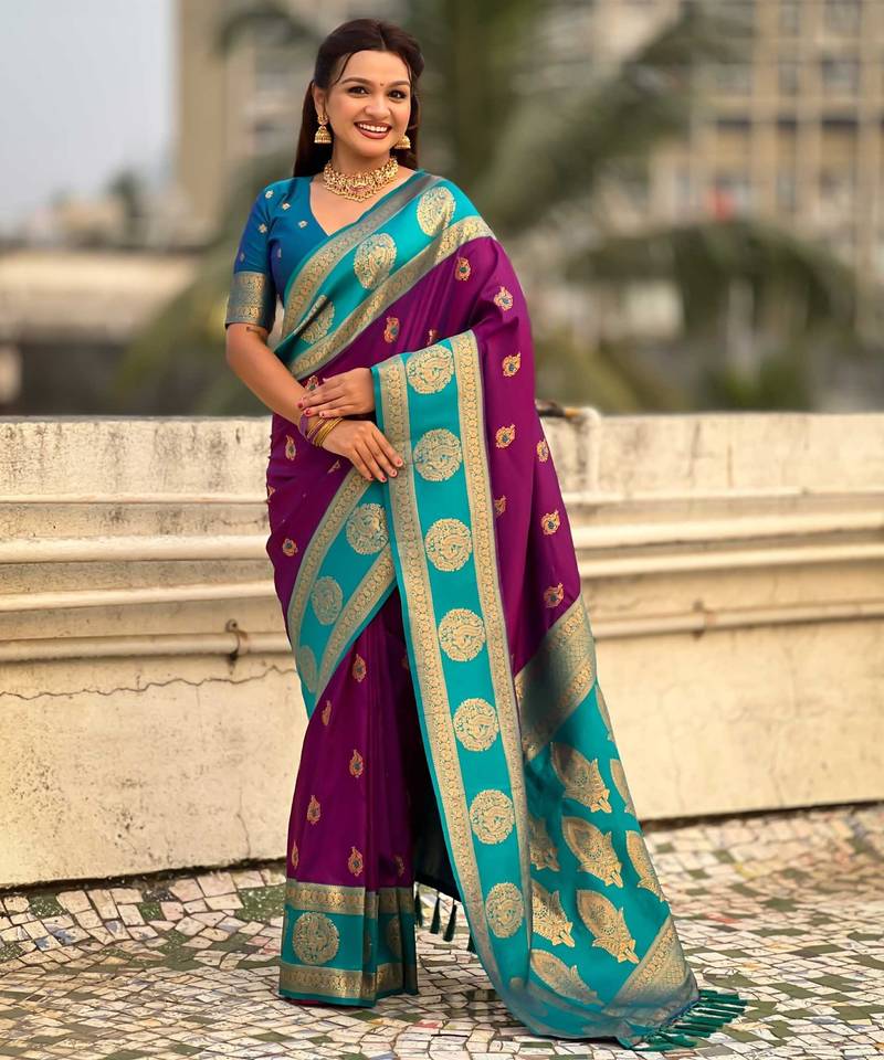 Magenta woven zari traditional motifs work silk blend   