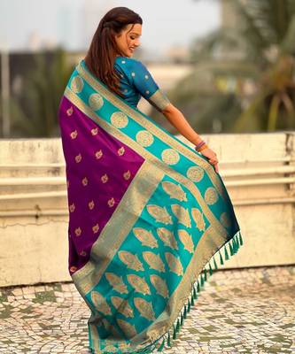 Magenta woven zari traditional motifs work silk blend    2