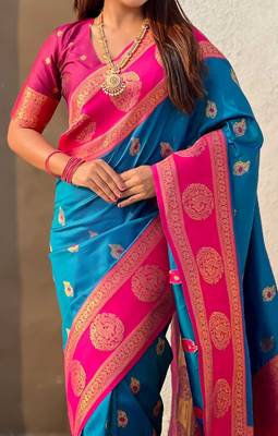 Teal woven zari traditional motifs work silk blend    5