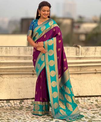 Magenta woven zari traditional motifs work silk blend    3