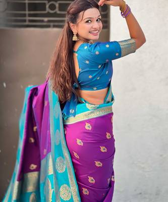 Magenta woven zari traditional motifs work silk blend    4