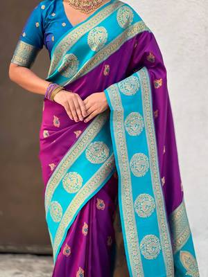 Magenta woven zari traditional motifs work silk blend    5