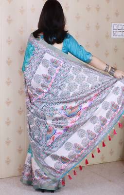 Sea green trendy looks classy tussar silk blend saree 2