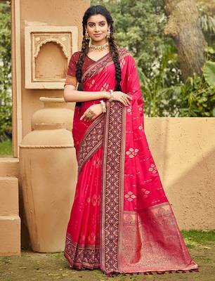 Pink soft silk blend woven ethnic ceremonial saree 1