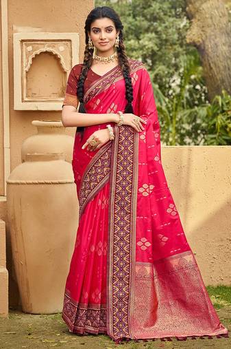 Pink color soft silk fabric woven designer ethnic ceremonial saree