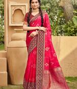 Pink color soft silk fabric woven designer ethnic ceremonial saree