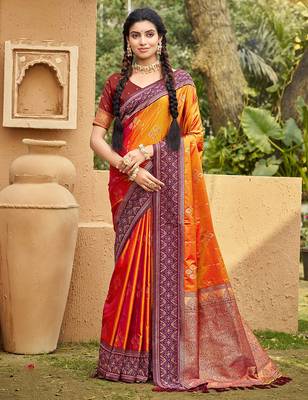 Orange soft silk blend woven ethnic ceremonial saree 1