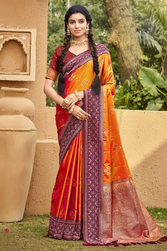 Orange color soft silk fabric woven designer ethnic ceremonial saree