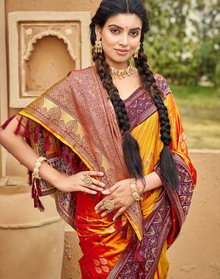 Orange soft silk blend woven ethnic ceremonial saree 2